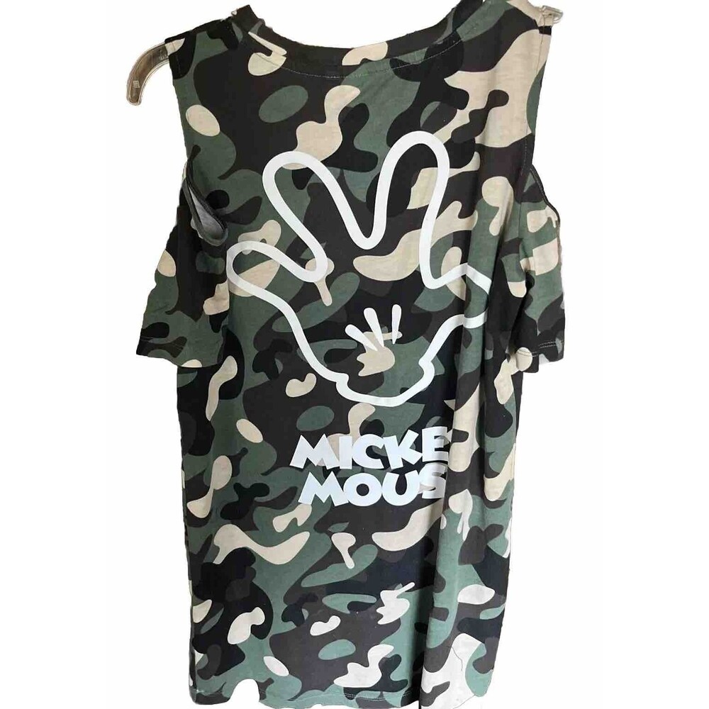 Disney Mickey Mouse Camouflage Cold Shoulder Women’s Tunic Top Size S Casual